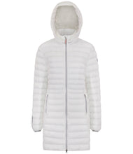Load image into Gallery viewer, White puffer jacket with a hood on a white background