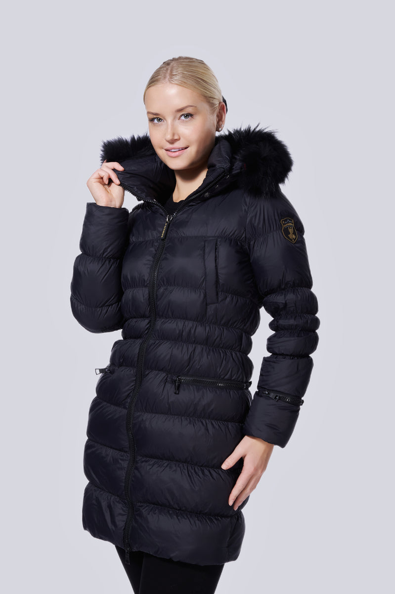 Black down jacket fur hood sales