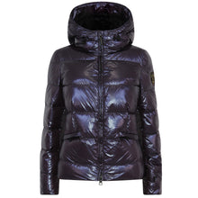 Load image into Gallery viewer, Shiny purple puffer jacket with a hood on a white background
