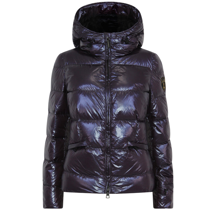Shiny purple puffer jacket with a hood on a white background