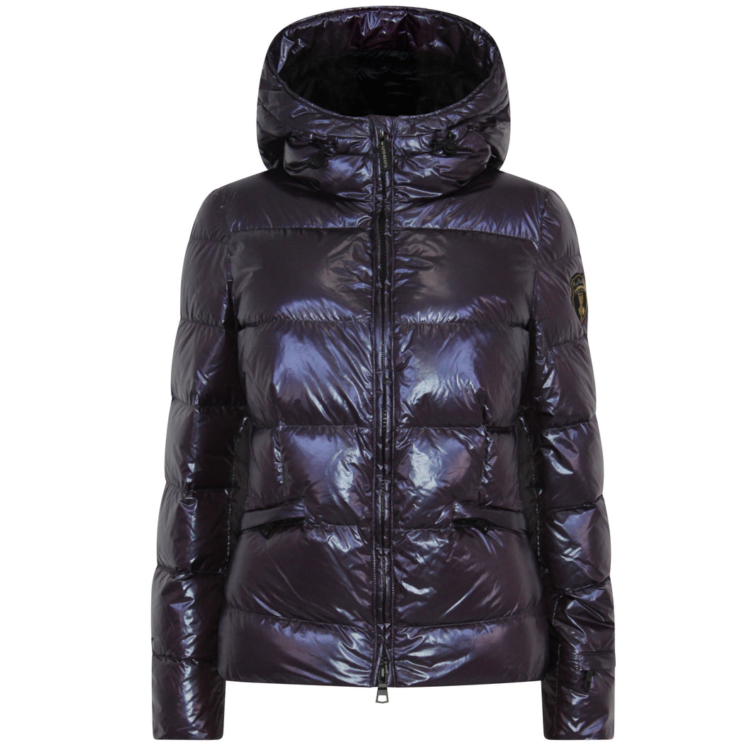 Shiny purple puffer jacket with a hood on a white background
