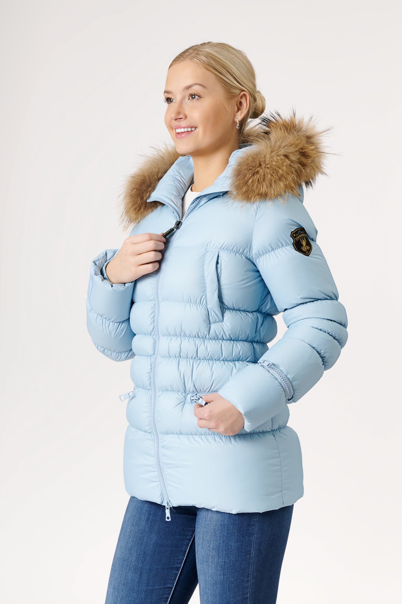 Earth Spirit Long Down Jacket Light Denim Eleven Elfs